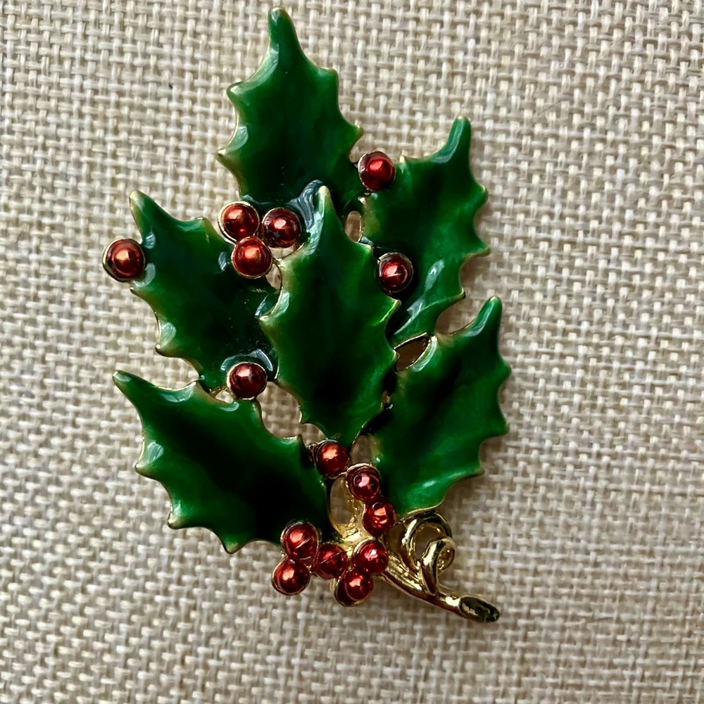 Festive Enamel Green & Red Holly Brooch